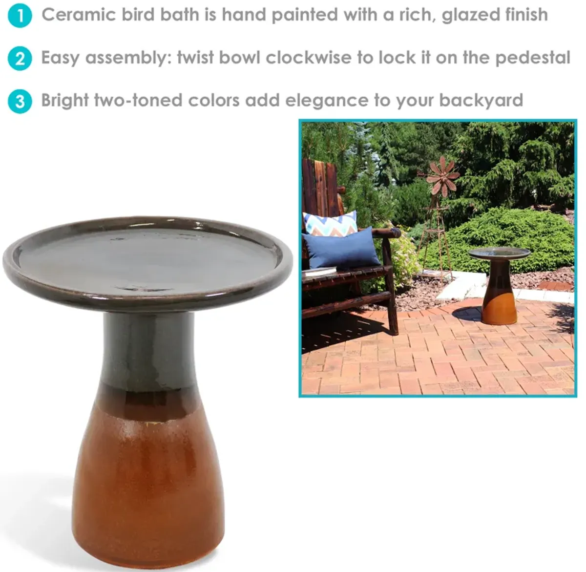 Sunnydaze Subtle Transitions Ceramic Bird Bath - 18.5 in