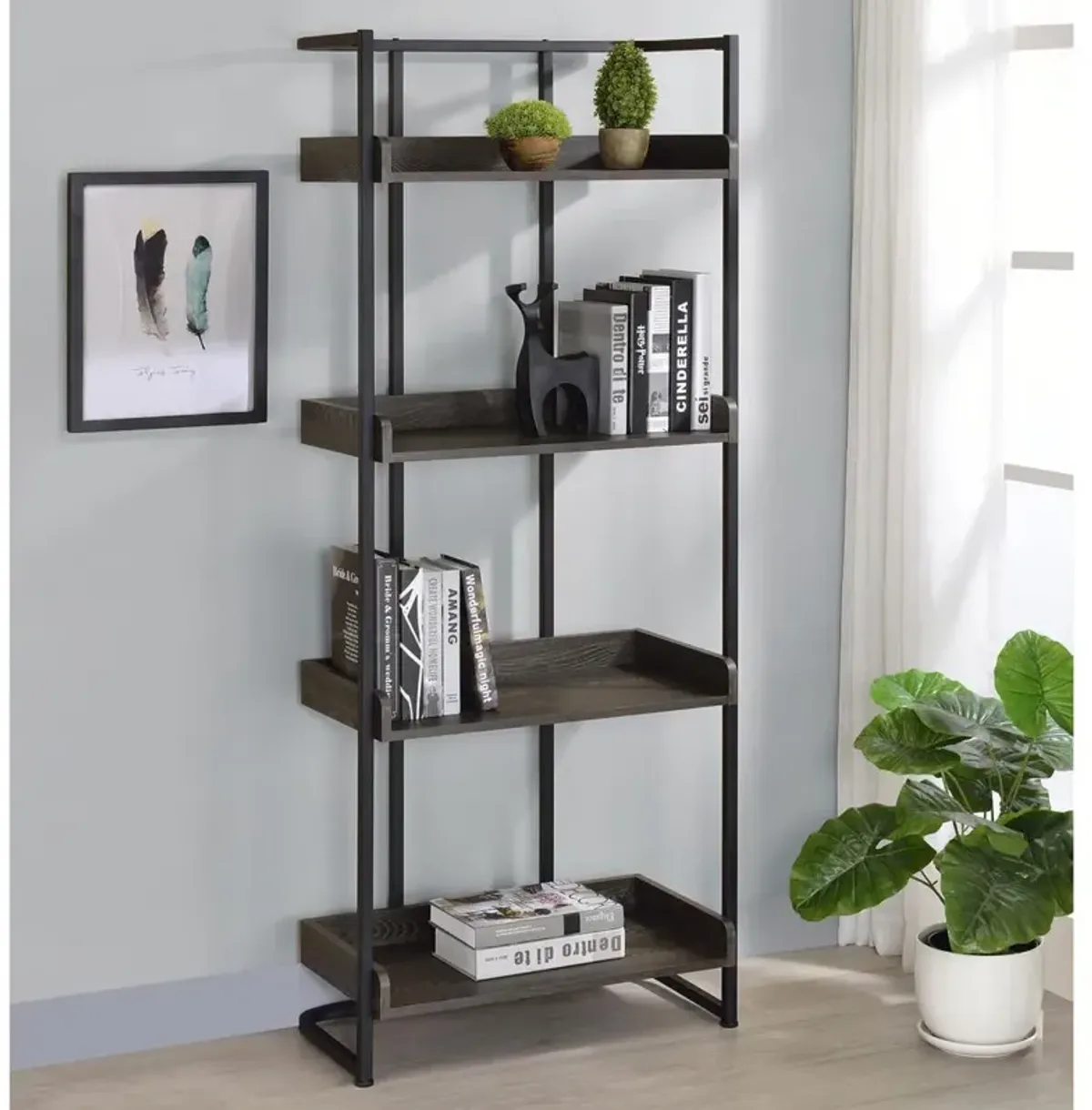 Ember 4-shelf Bookcase Dark Oak and Sandy Black