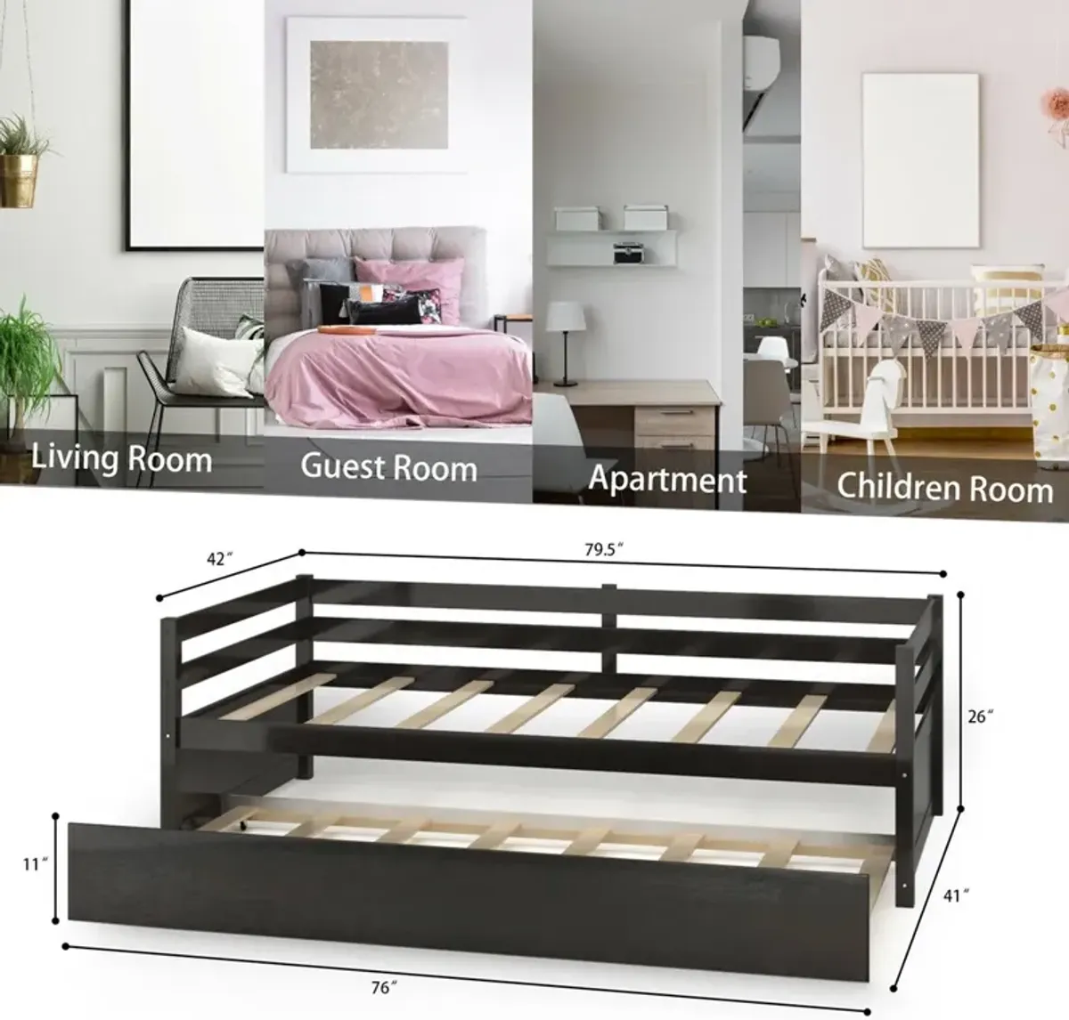 Twin Size Wooden Slat Trundle Platform