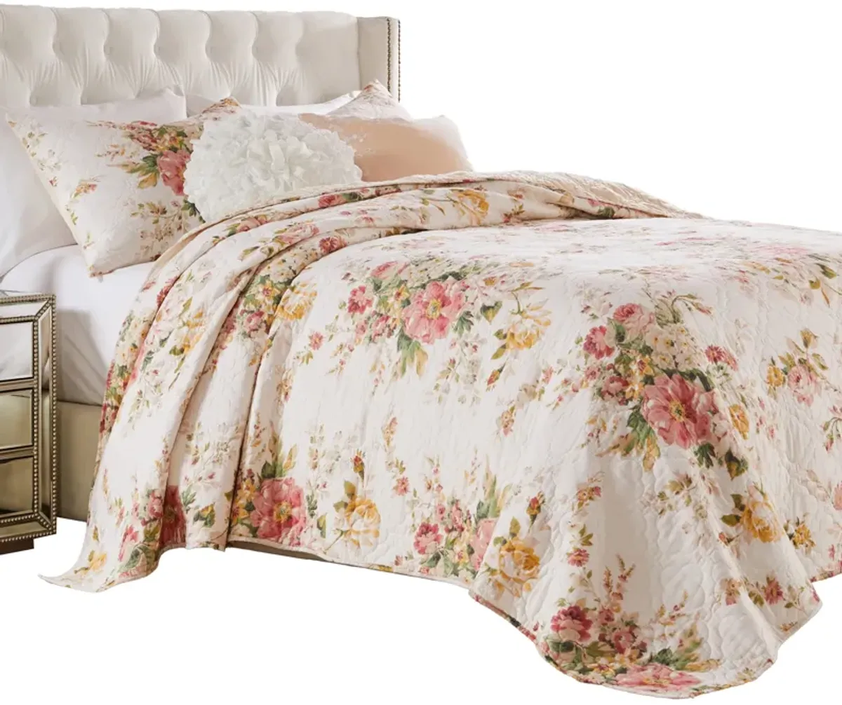 Givi 3pc King Quilt Set, Shams, Red and Floral Beige Buttercup Cotton