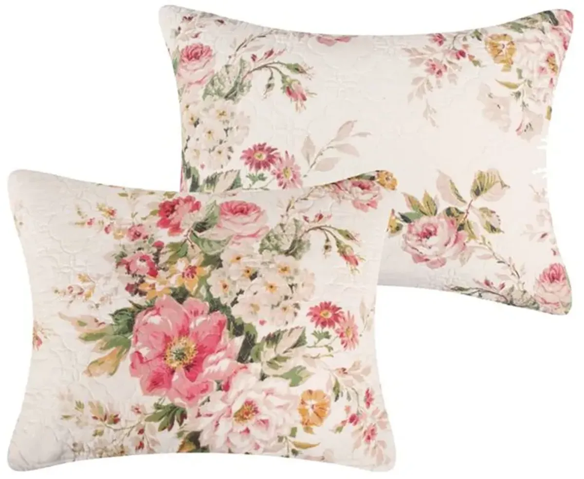 Givi 3pc King Quilt Set, Shams, Red and Floral Beige Buttercup Cotton