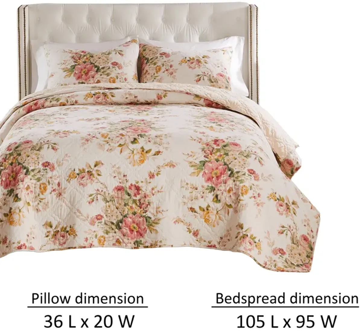 Givi 3pc King Quilt Set, Shams, Red and Floral Beige Buttercup Cotton