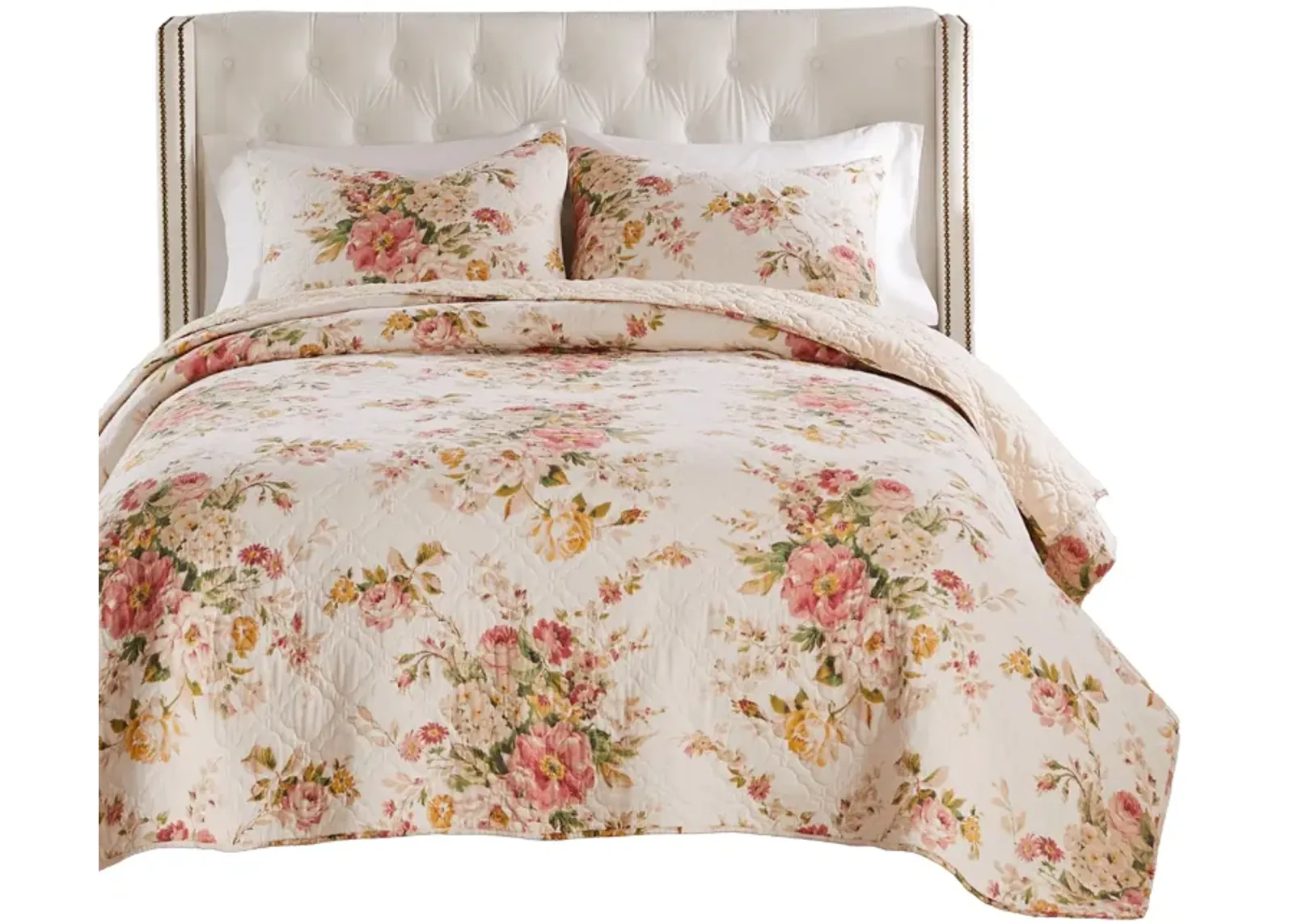 Givi 3pc King Quilt Set, Shams, Red and Floral Beige Buttercup Cotton