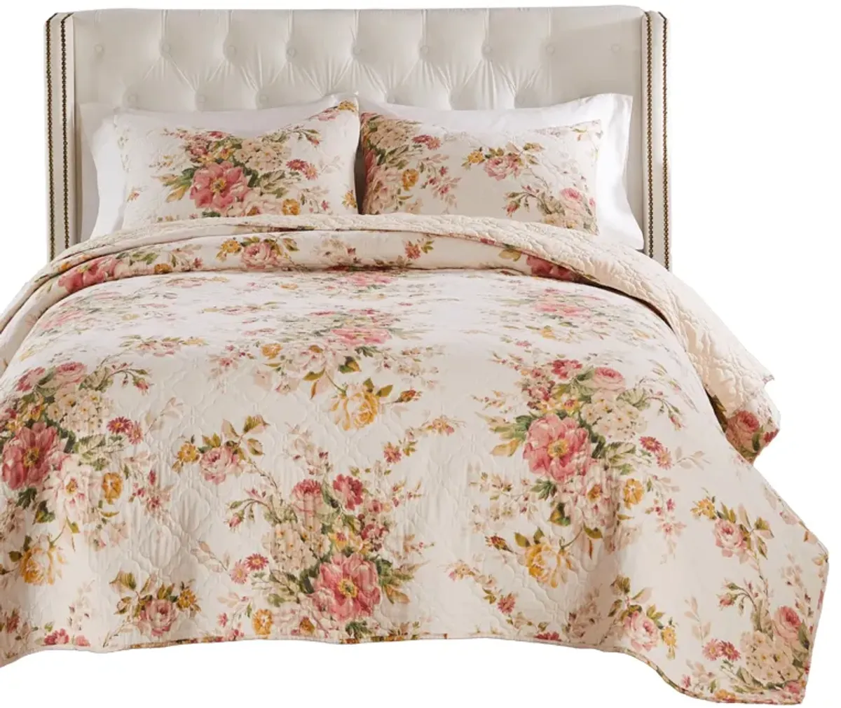 Givi 3pc King Quilt Set, Shams, Red and Floral Beige Buttercup Cotton