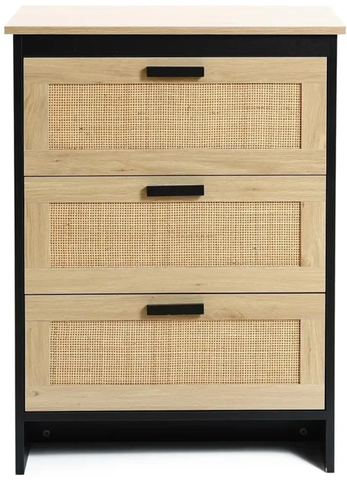 LuxenHome Black and Brown Wood 3-Drawer Rattan Chest