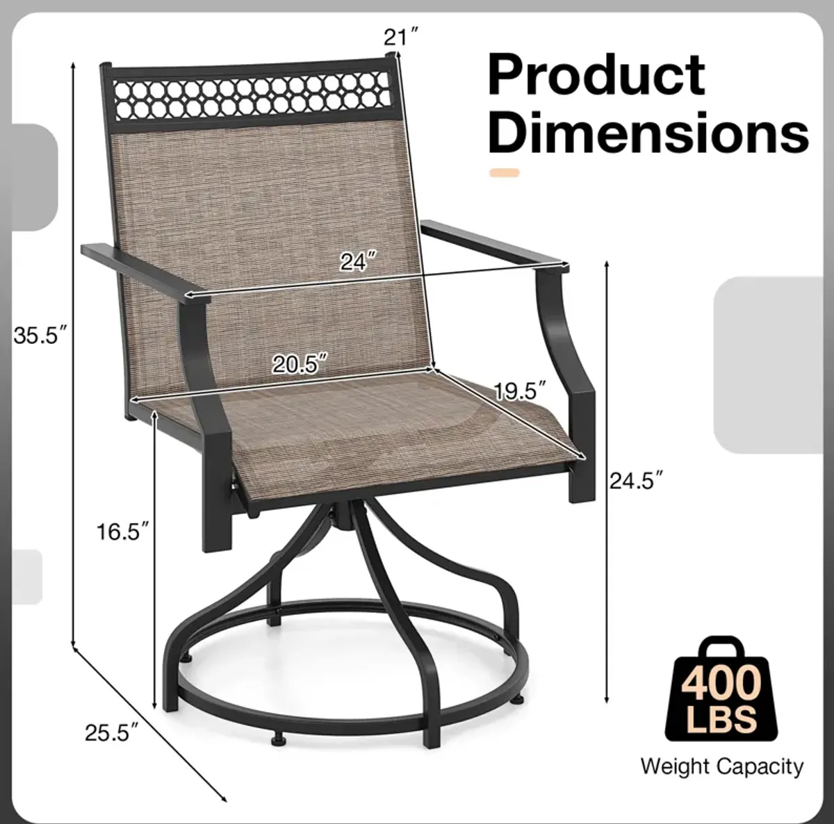 Patio Swivel Dining Chairs Set of 2 with Heavy-duty Metal Frame and Armrests