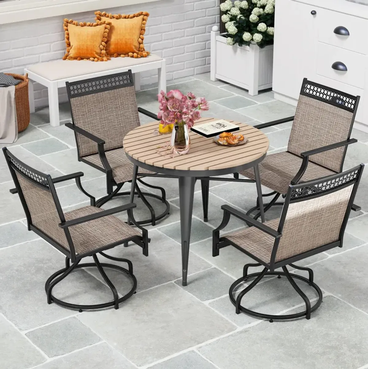 Patio Swivel Dining Chairs Set of 2 with Heavy-duty Metal Frame and Armrests