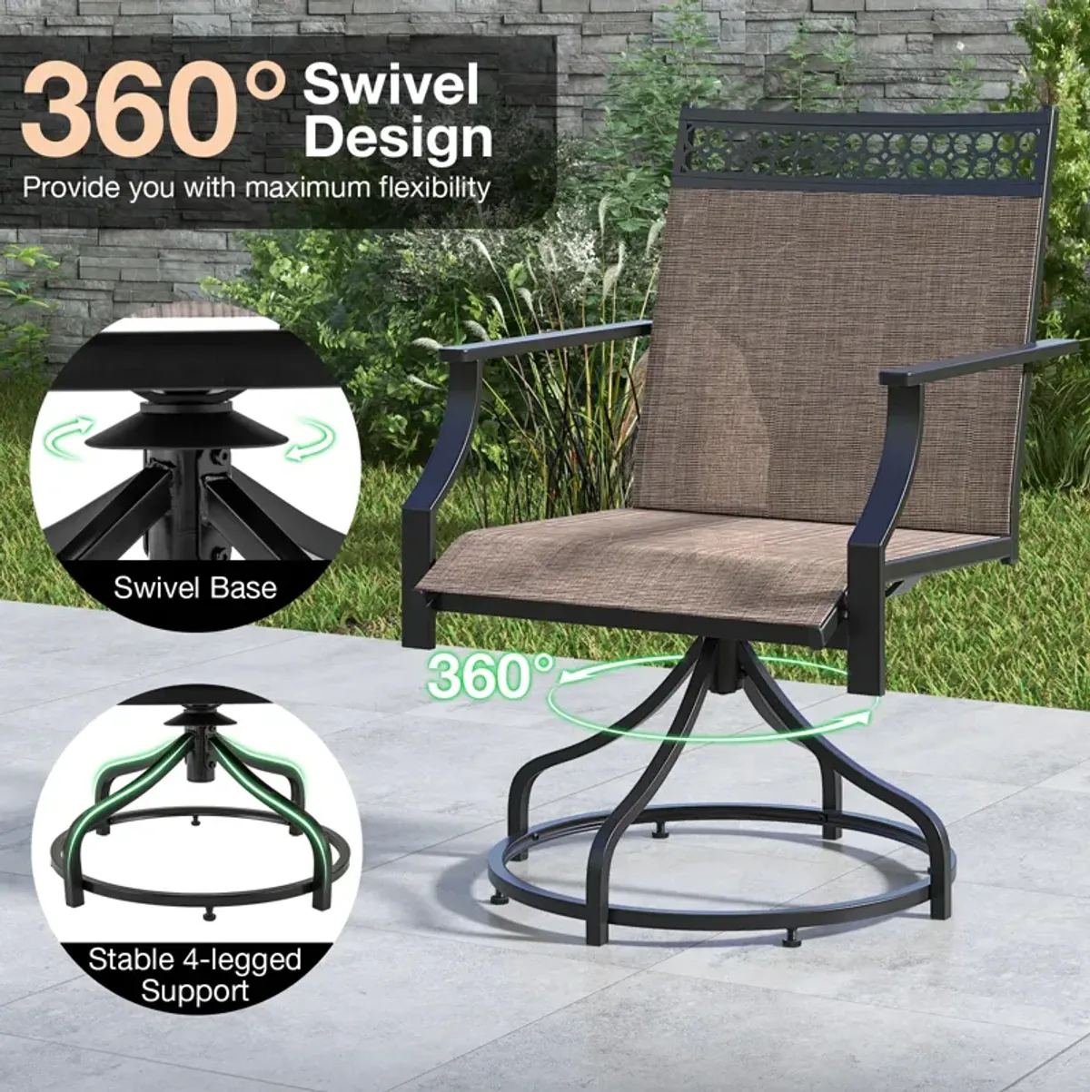 Patio Swivel Dining Chairs Set of 2 with Heavy-duty Metal Frame and Armrests