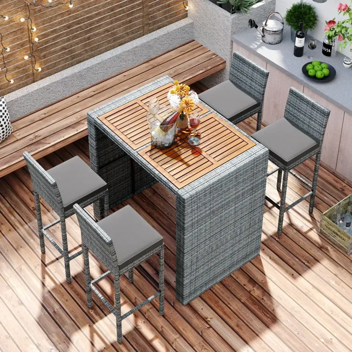 Streamdale 5-Piece Wicker Bar Set with Non-Slip Feet