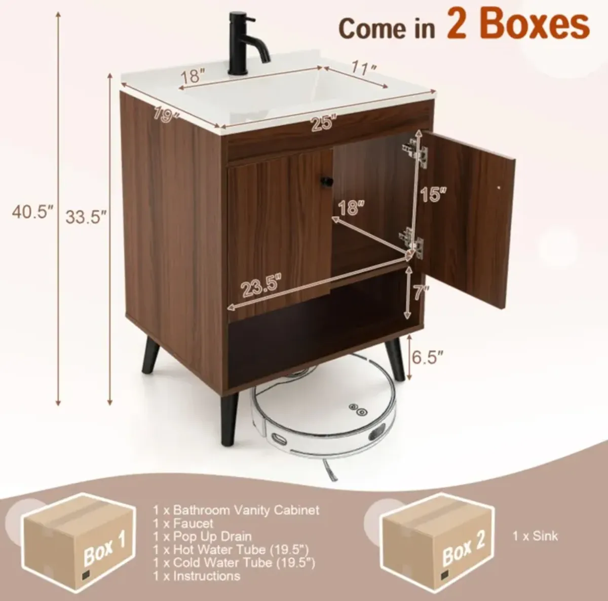 Hivvago 25 Inch Wooden Bathroom Storage Cabinet with Sink