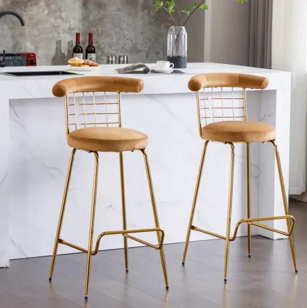 Bar Stool Set Of 2, Luxury Velvet High Bar Stool With Metal Legs And Soft Back, Pub Stool