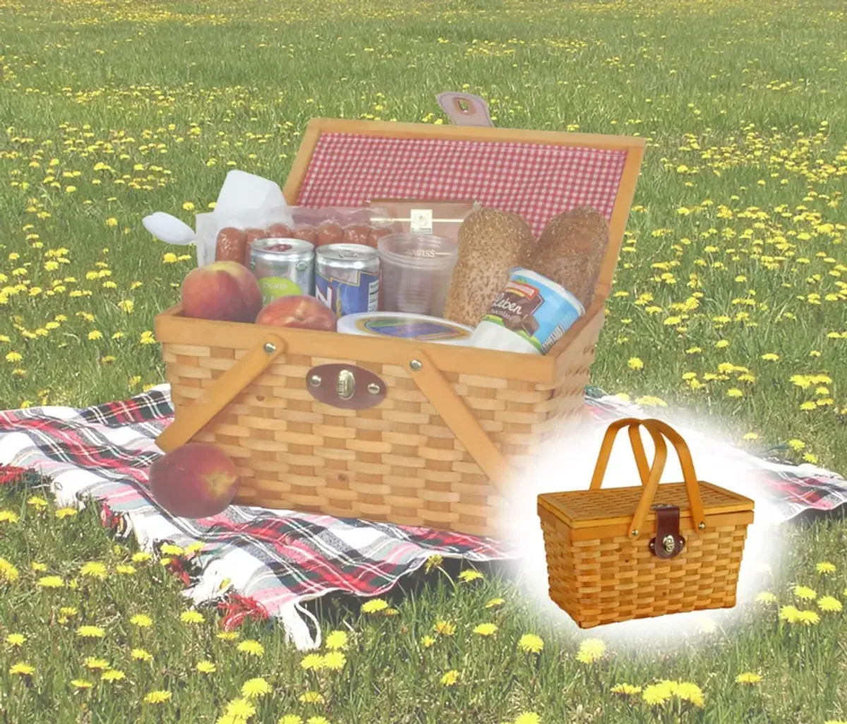 Picnic Basket Gingham Lined with Folding Handles