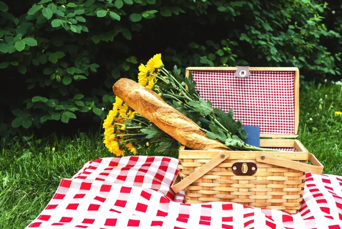 Picnic Basket Gingham Lined with Folding Handles