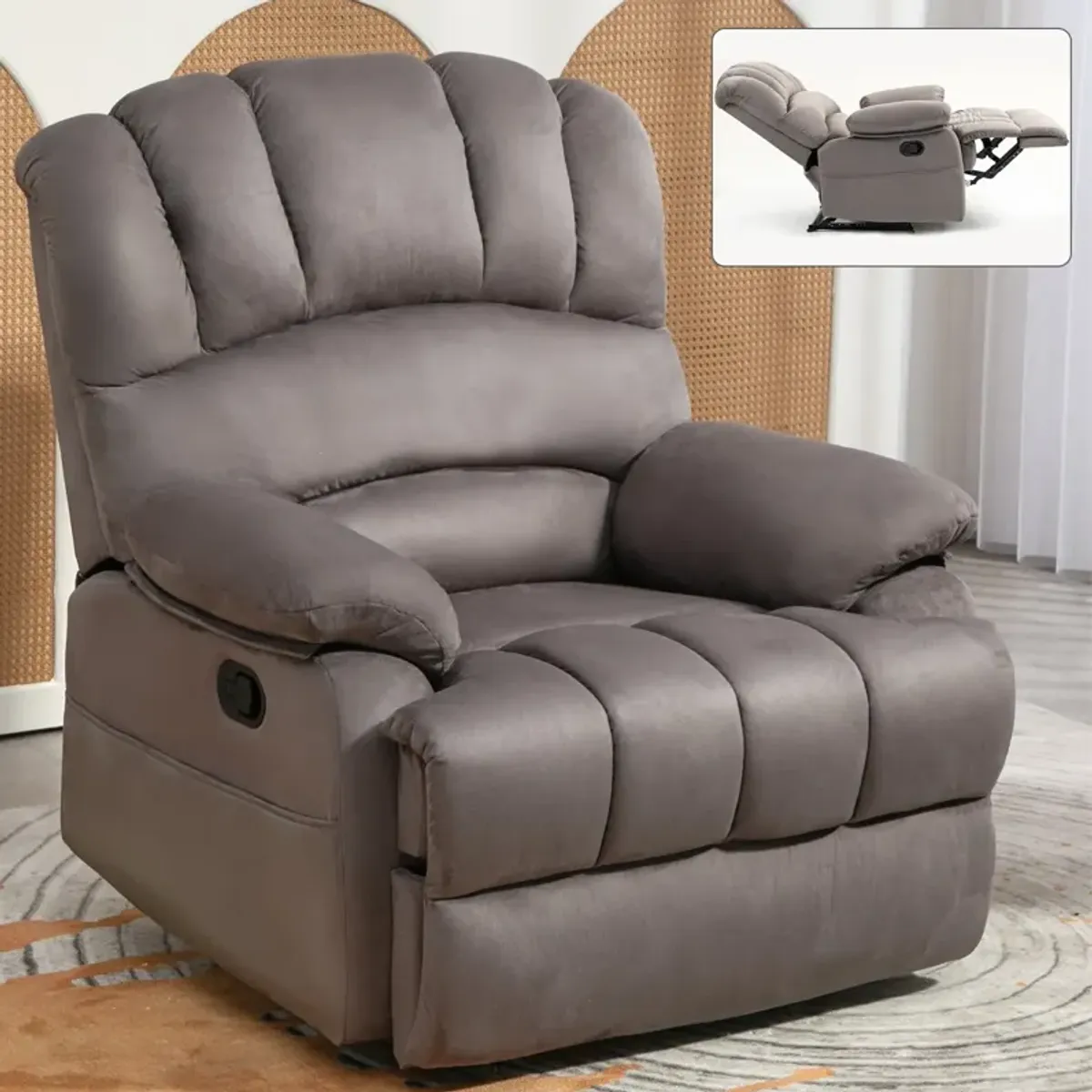 Mondawe Large Manual Recliner Chair in Fabric with Pillow Top Arms and Cushion Back for Living Room, Gray