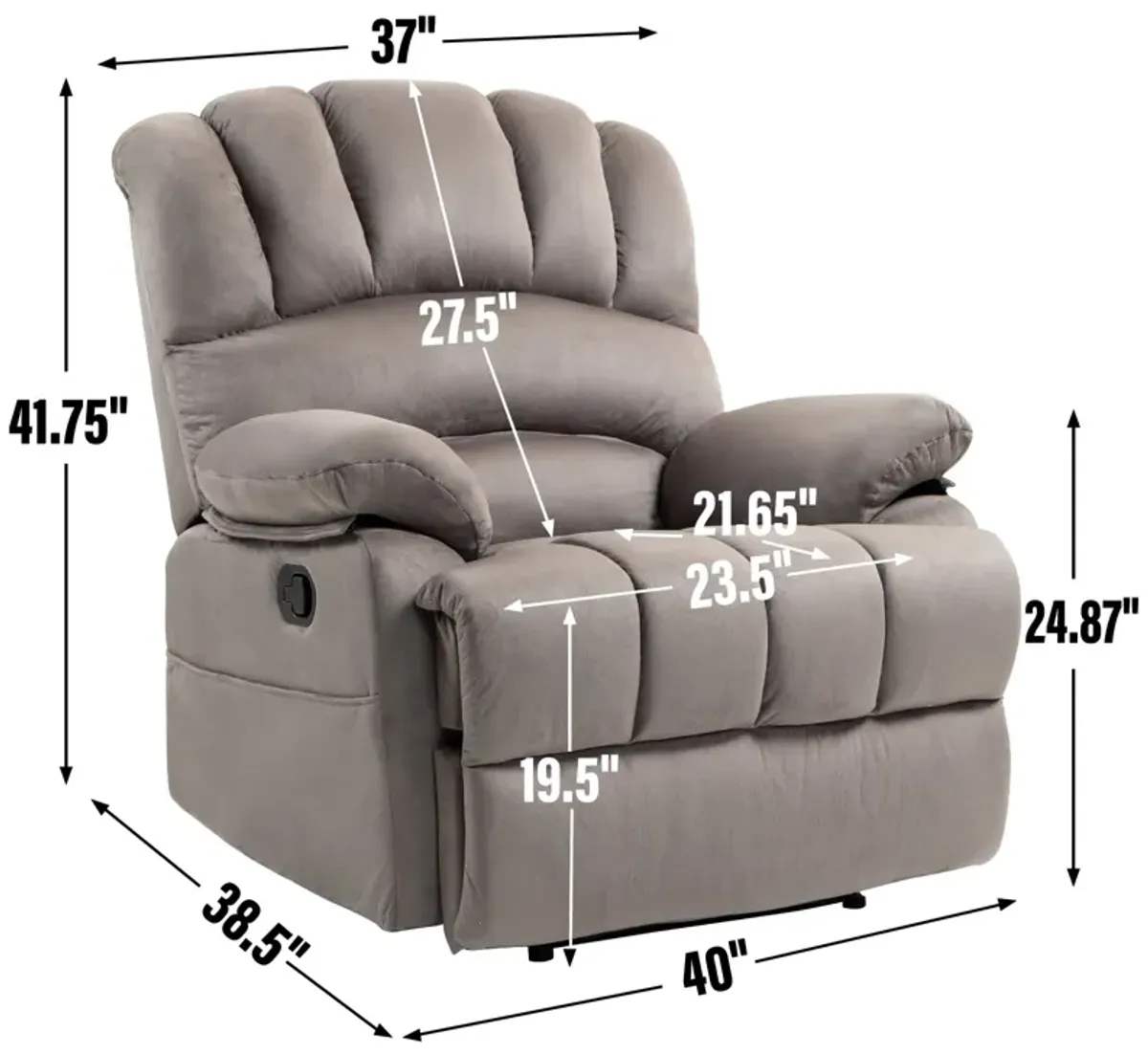 Mondawe Large Manual Recliner Chair in Fabric with Pillow Top Arms and Cushion Back for Living Room, Gray