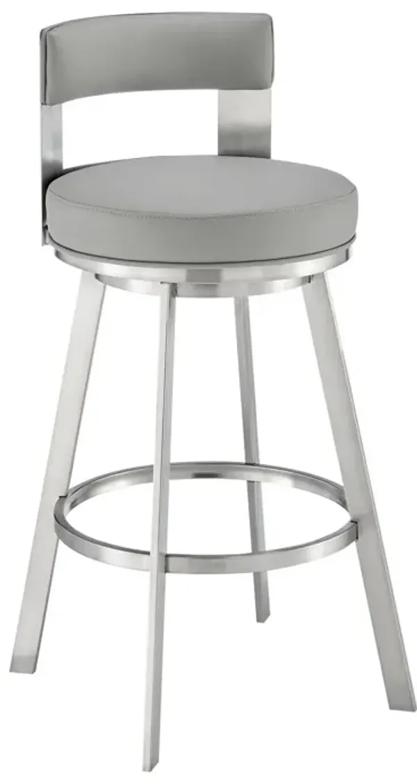 Nova 26 Inch Swivel Counter Stool, Panel Back, Steel, Gray Faux Leather - Benzara
