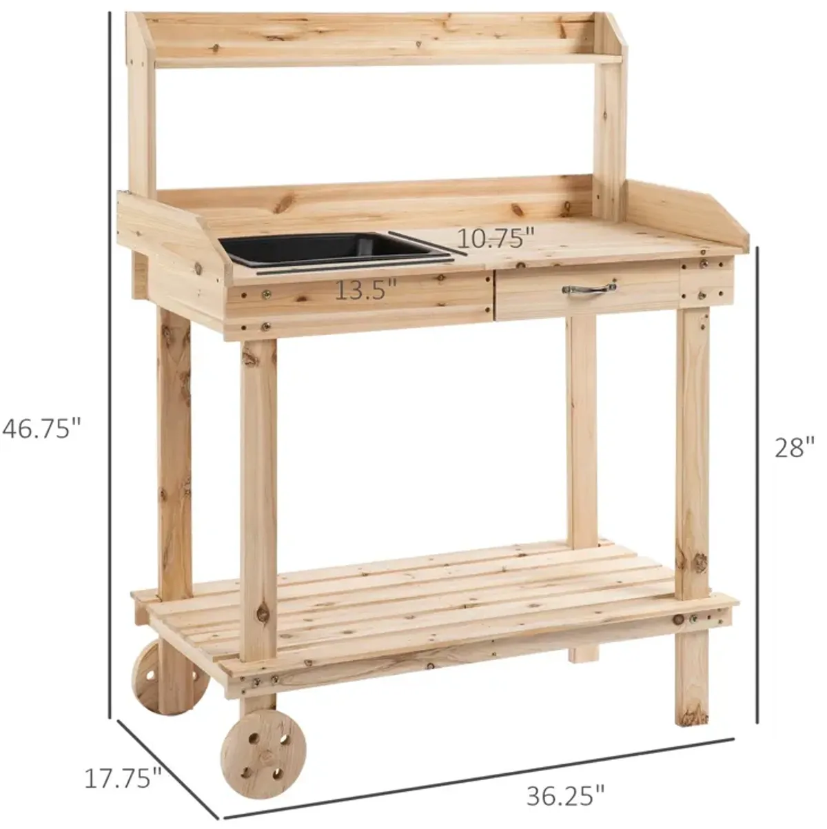 Mobile Garden Station: Natural Wood Potting Bench with Wheels and Sink