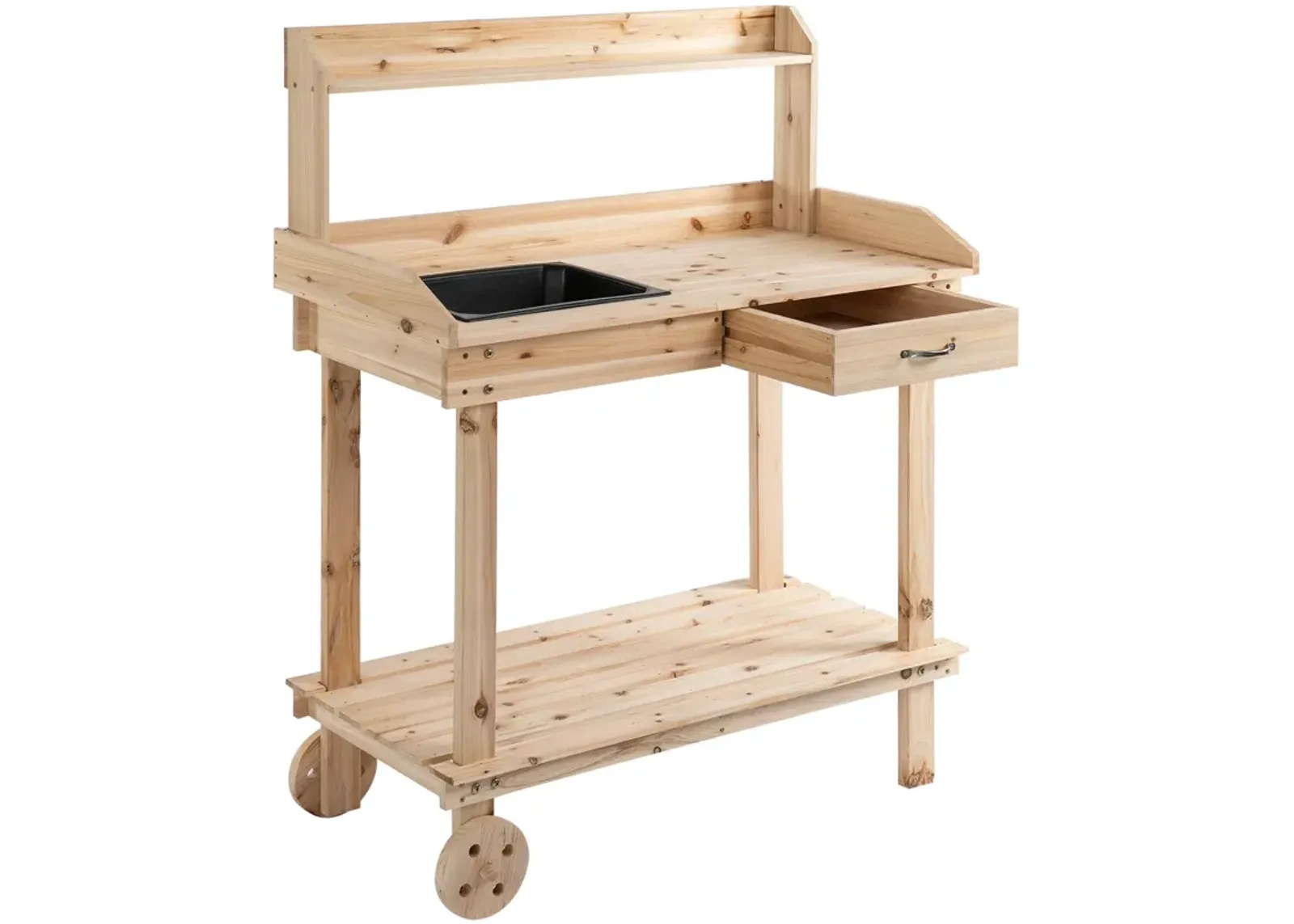 Mobile Garden Station: Natural Wood Potting Bench with Wheels and Sink