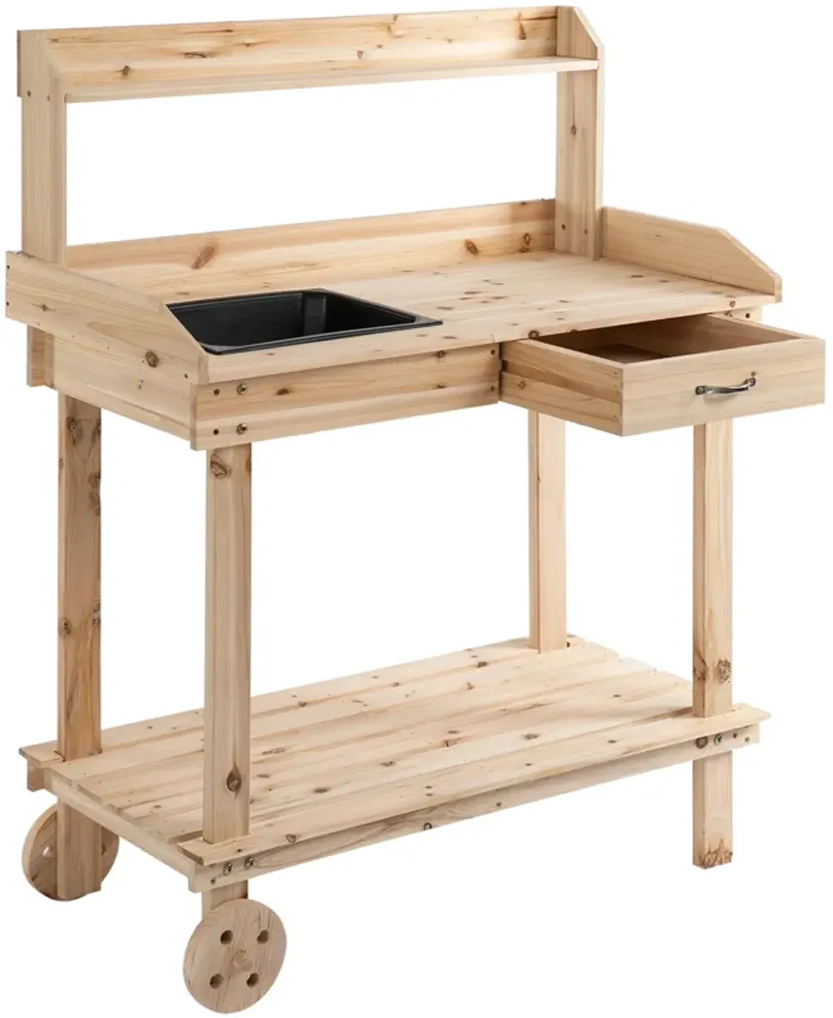 Mobile Garden Station: Natural Wood Potting Bench with Wheels and Sink