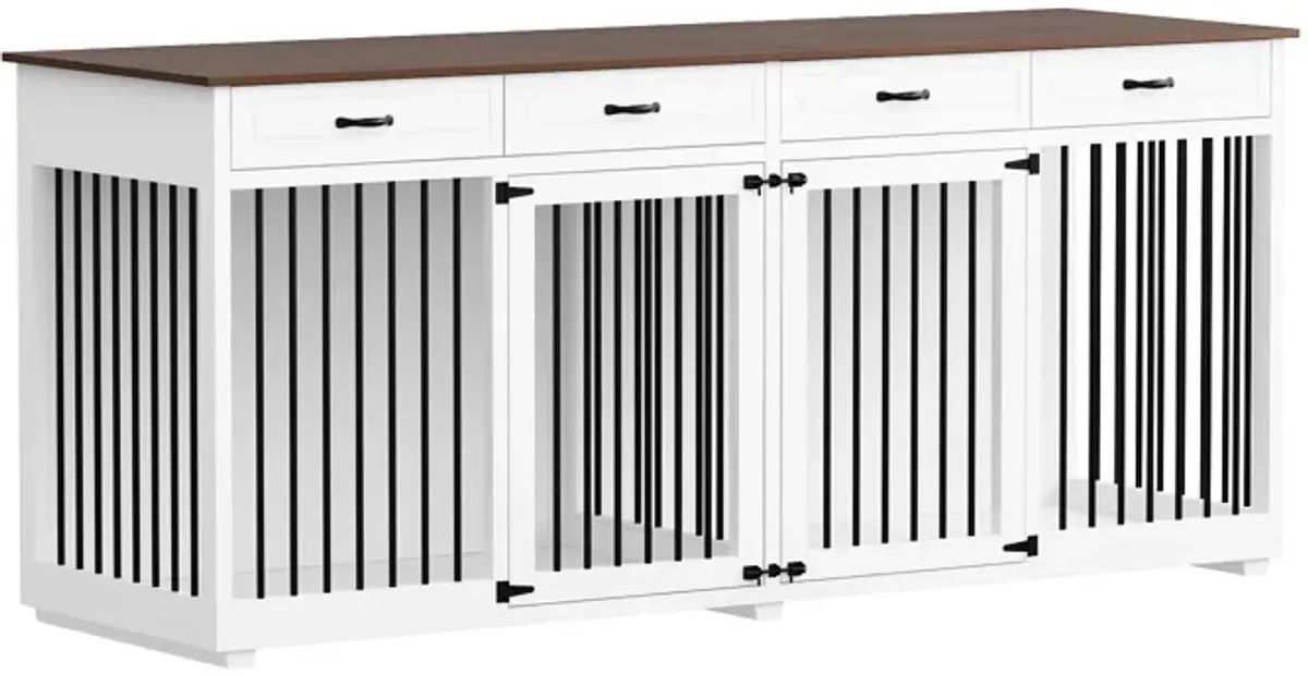 Large Dog Crate Furniture, 86.6 in. Wooden Dog Crate Kennel w/4-Drawers and Divider, Dog Crates for 2 Large Dogs, White