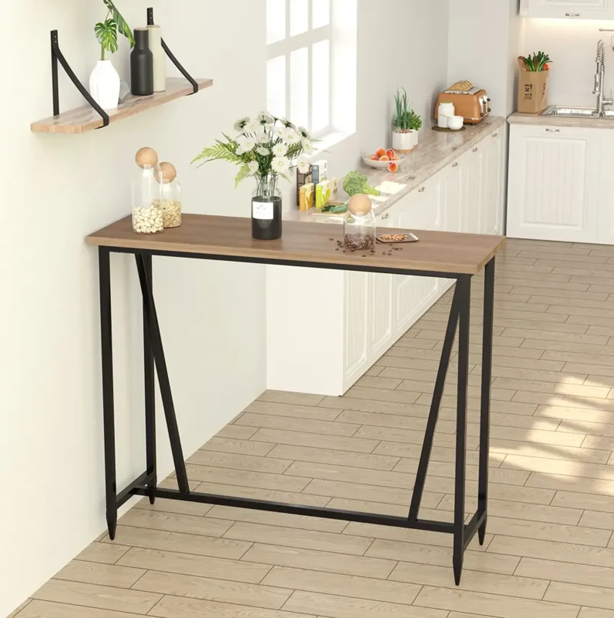 Rustic Brown Bar Table: Pub-Height Table with Metal Legs