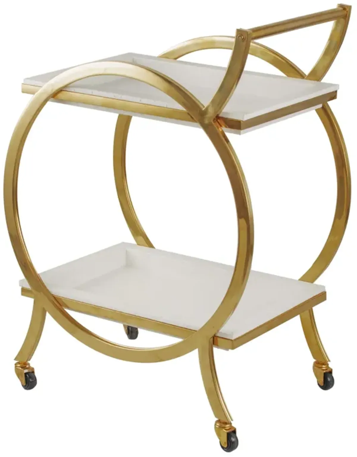 Sia 34 Inch Rolling Bar Cart, Round Steel Frame, Removable Trays White Gold-Benzara