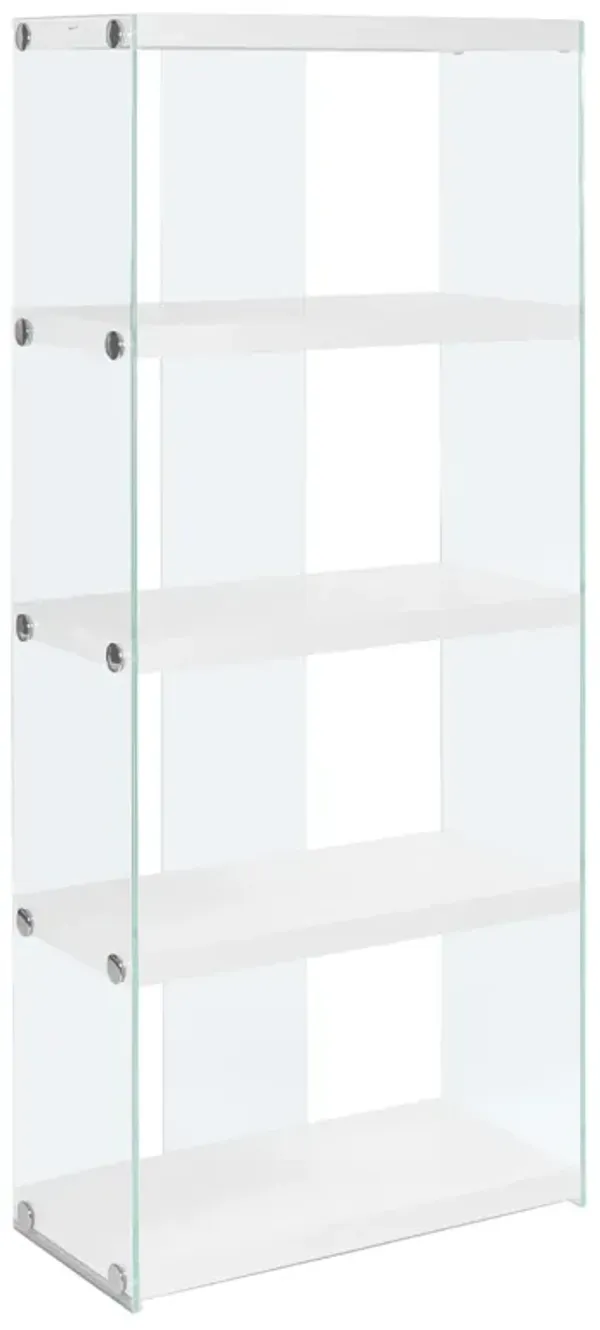 Monarch Specialties I 3289 Bookshelf, Bookcase, Etagere, 5 Tier, 60"H, Office, Bedroom, Tempered Glass, Laminate, Glossy White, Clear, Contemporary, Modern