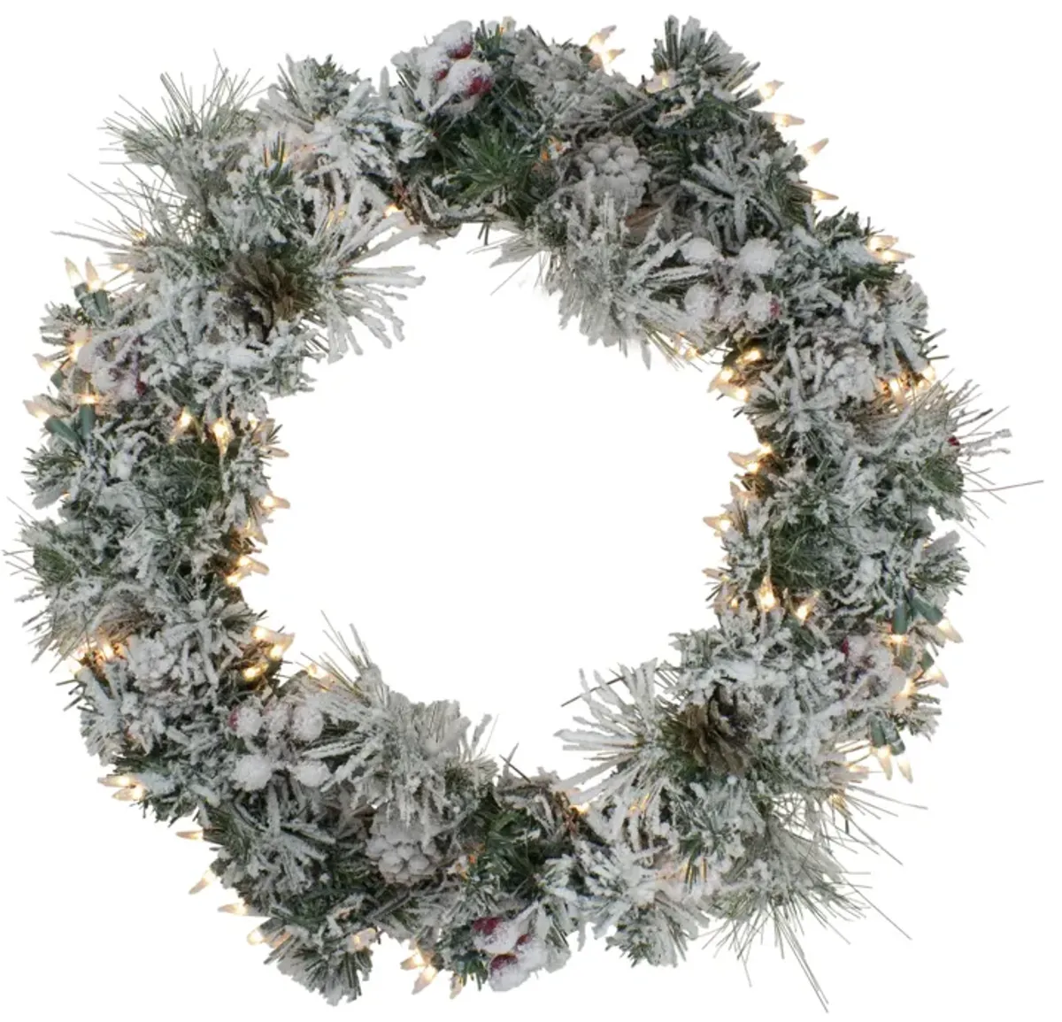 Pre-lit Heavily Flocked Berries and Pine Cones Artificial Christmas Wreath - 24-Inch  Clear Lights