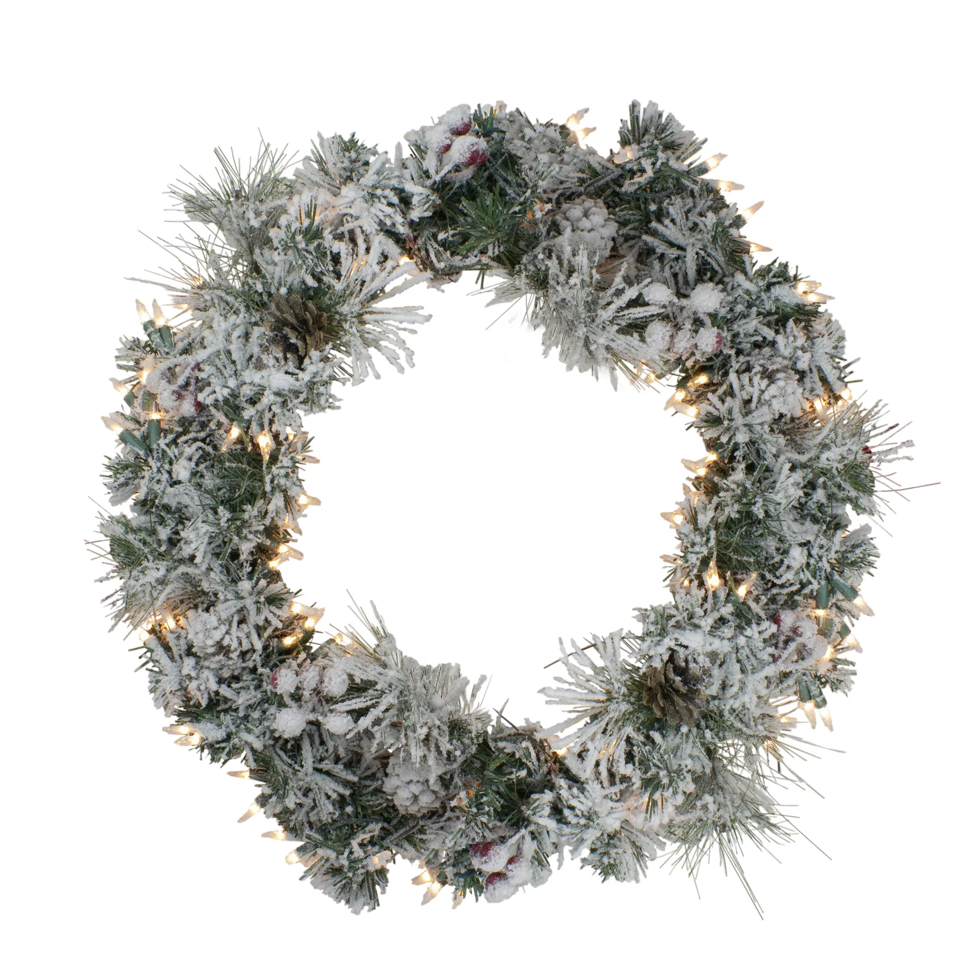 Pre-lit Heavily Flocked Berries and Pine Cones Artificial Christmas Wreath - 24-Inch  Clear Lights