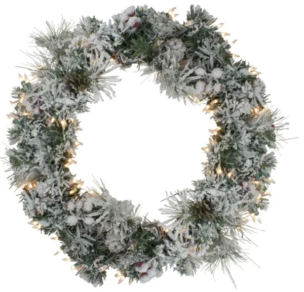 Pre-lit Heavily Flocked Berries and Pine Cones Artificial Christmas Wreath - 24-Inch  Clear Lights
