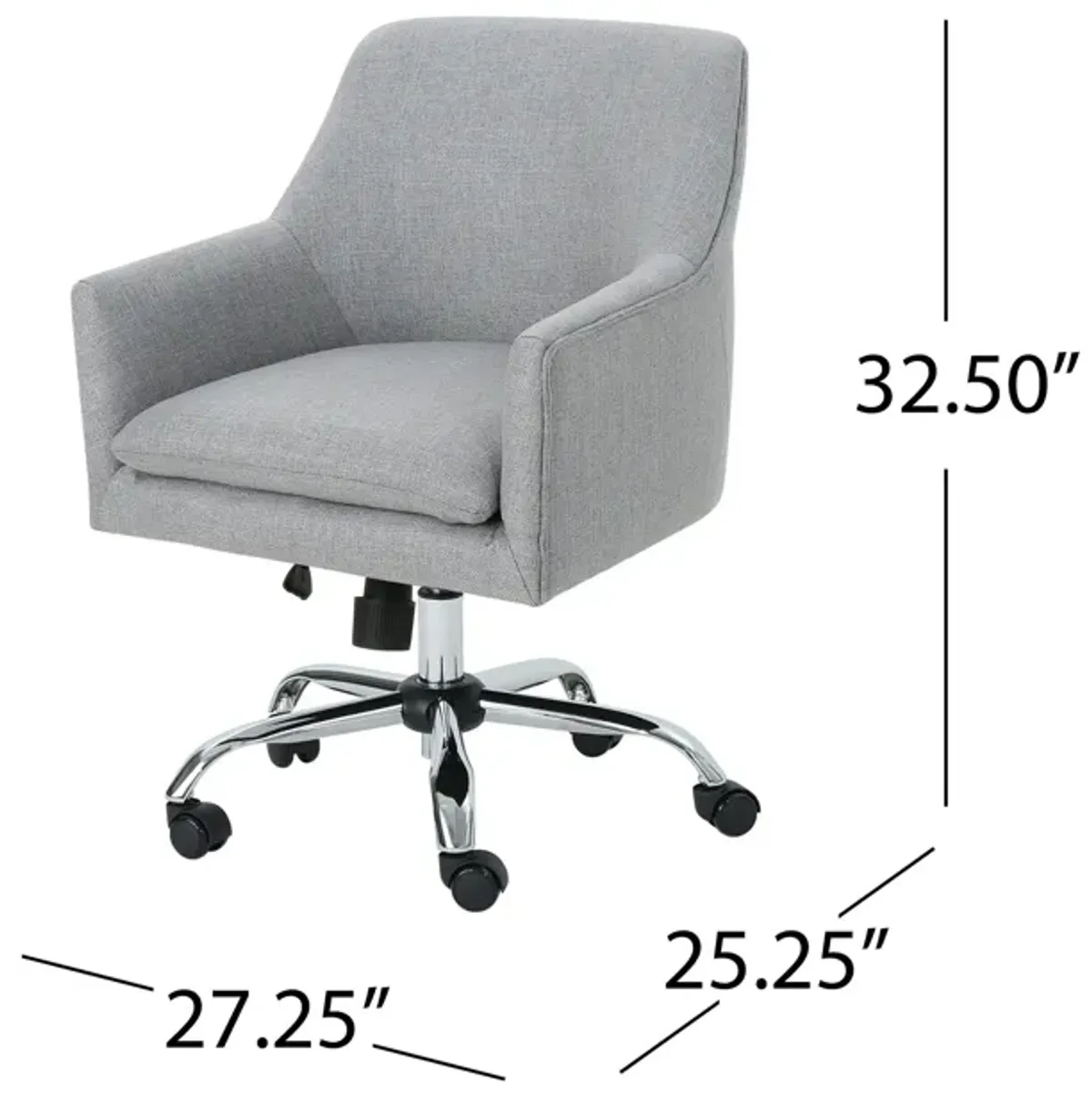 Heza Swivel Office Chair, Gray Fabric, Rolling Wheels, Chrome Metal -Benzara