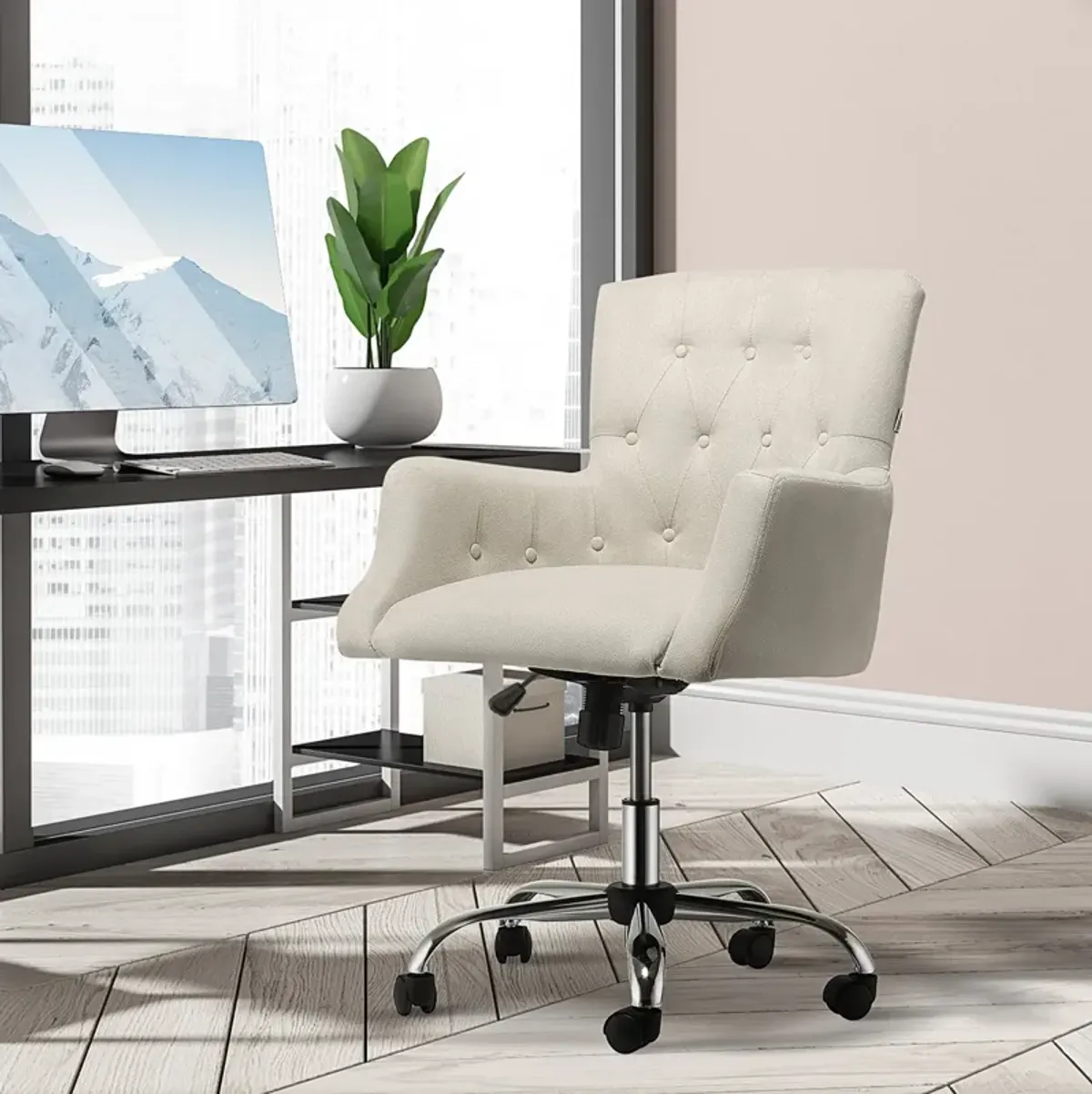 Cream White Task Seat: Linen Fiber Office Chair with Tufted Back