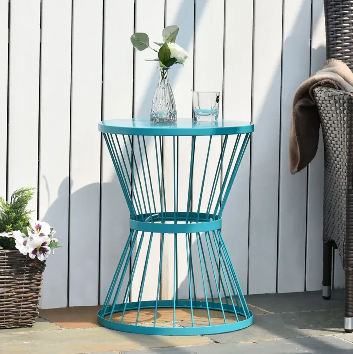 Blue Outdoor Accent: 16" Round Hourglass Steel Patio Side Table