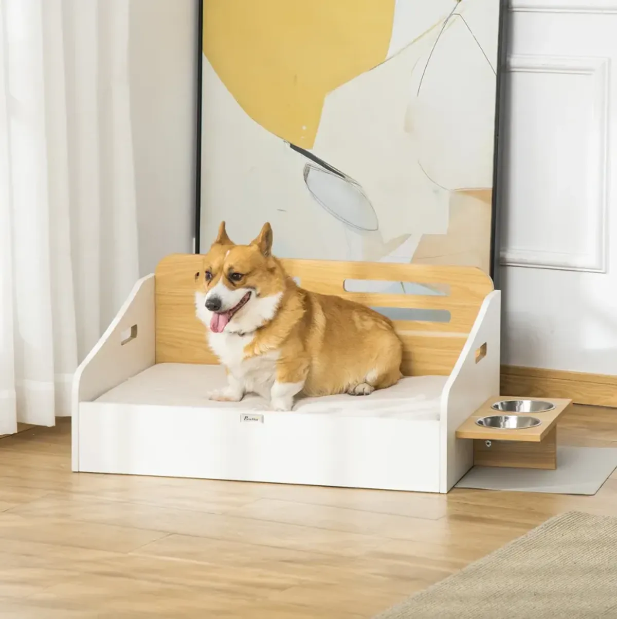 Stylish Pet Dining: Furniture-Style Sofa with Cushion and Bowls