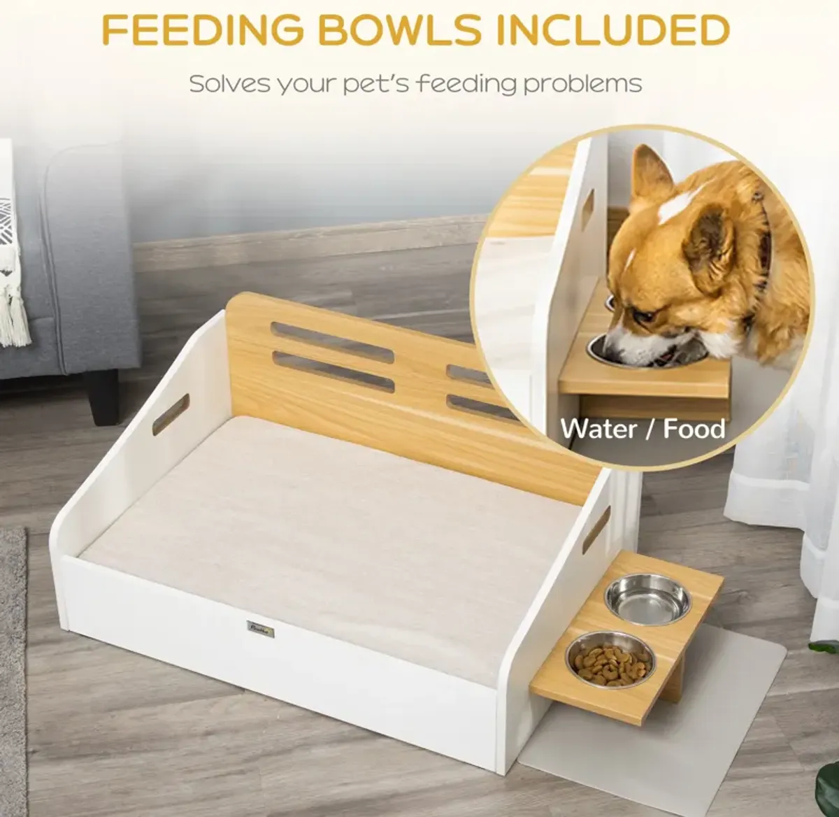 Stylish Pet Dining: Furniture-Style Sofa with Cushion and Bowls