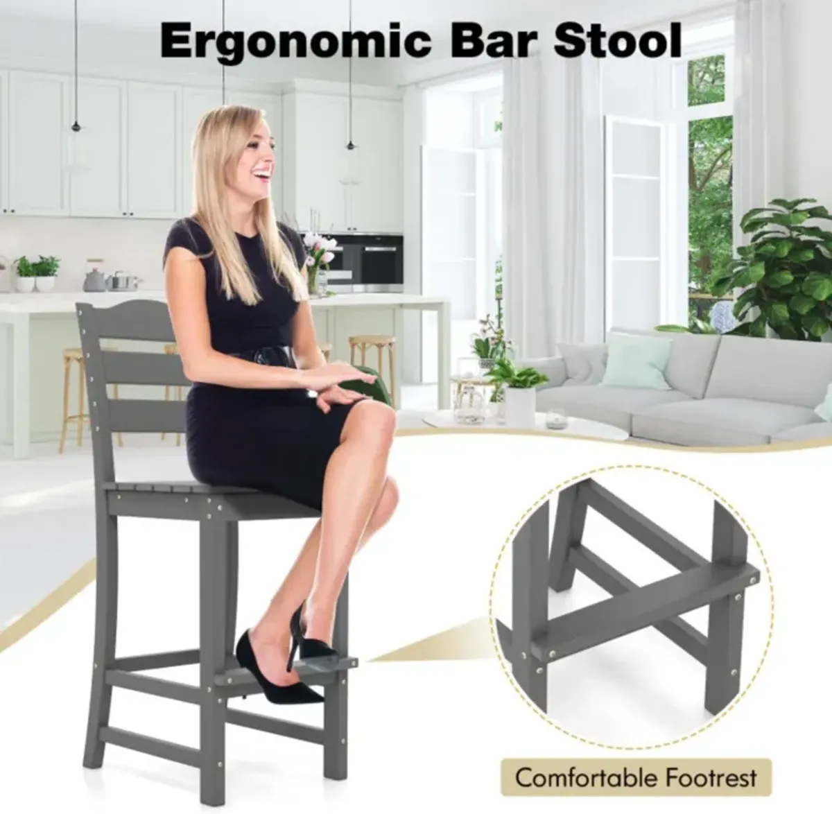 Hivvago 30 Inches Counter Height HDPE Bar Stool with Backrest and Footrest-Gray