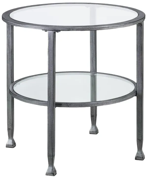 Hivvago 24 Inch Silver And Clear Glass And Distressed Iron Round End Table With Shelf
