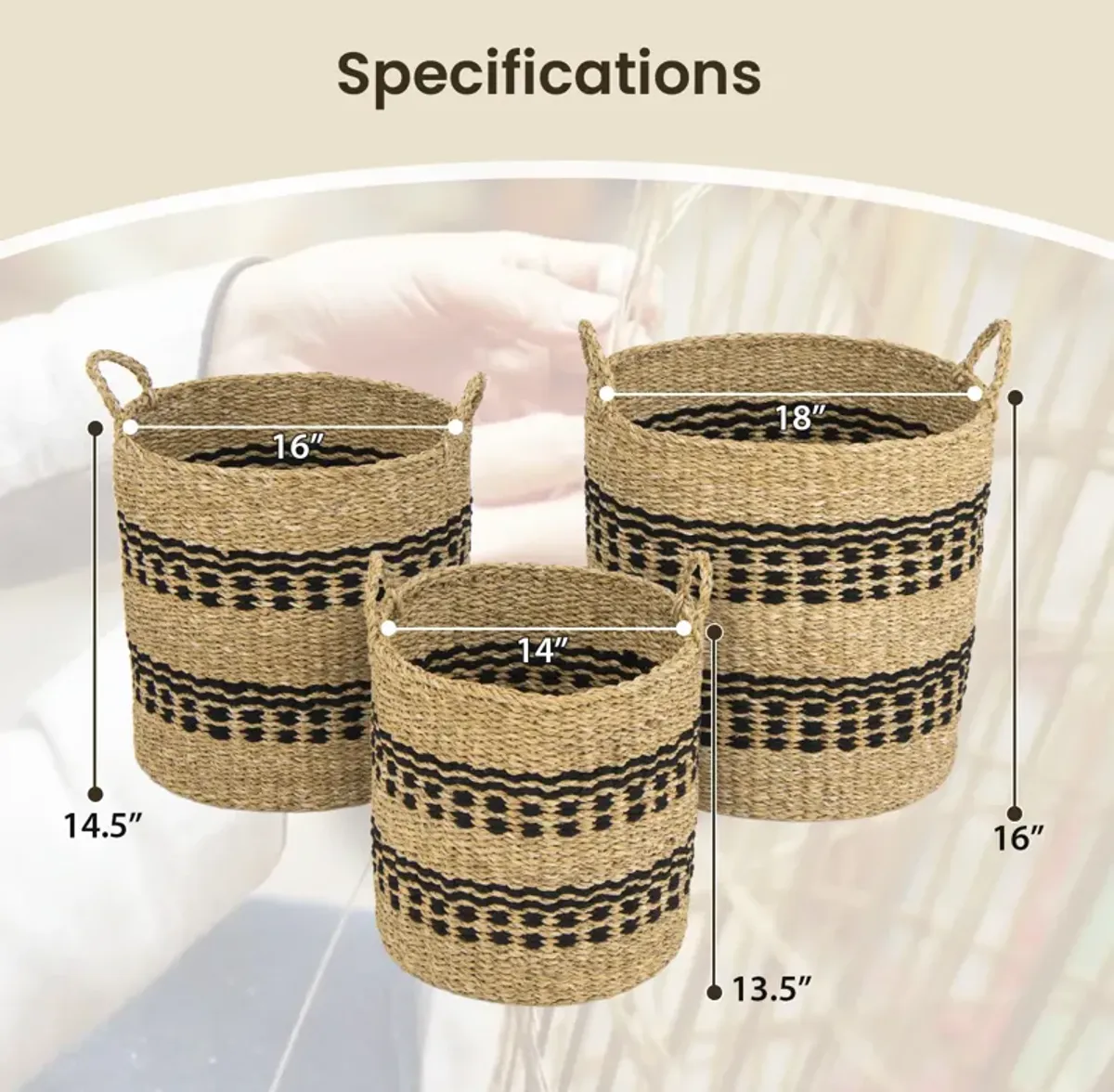 Set of 3 Stackable Seagrass Storage Baskets – Natural Organizing Bins for Home