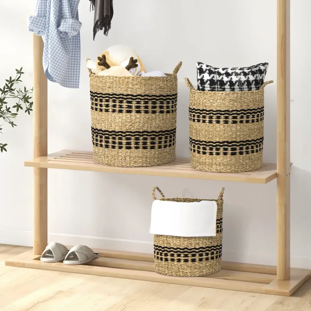 Set of 3 Stackable Seagrass Storage Baskets – Natural Organizing Bins for Home