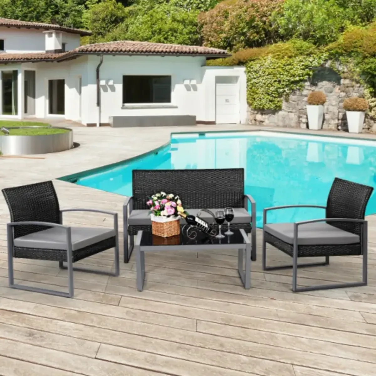 4 PCS Modern Outdoo Patio Cushioned Rattan Seat