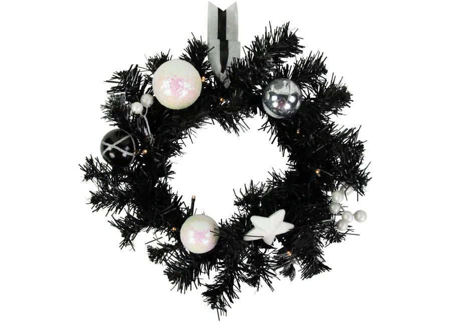 16" Pre-Lit Decorated Black Pine Artificial Christmas Wreath  Cool White LED Lights