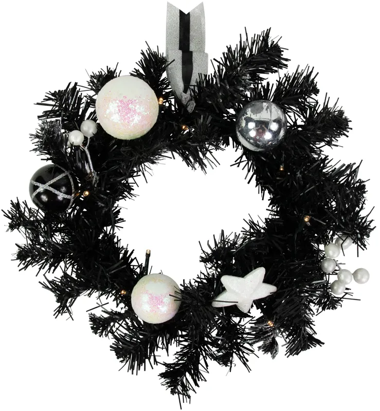 16" Pre-Lit Decorated Black Pine Artificial Christmas Wreath  Cool White LED Lights