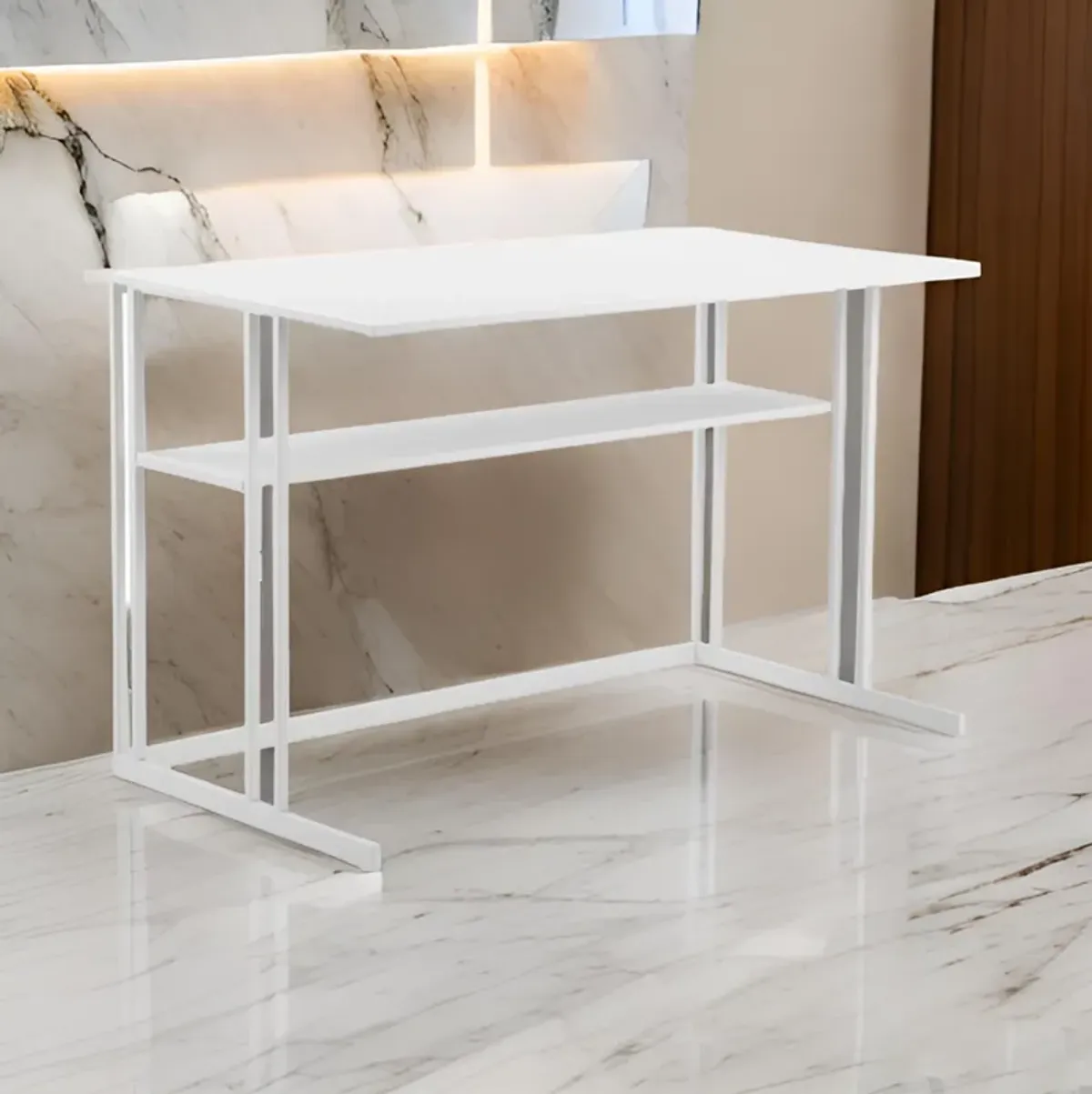 Femi 47 Inch Office Desk with Shelf, Open Steel Base, Modern White Finish - Benzara