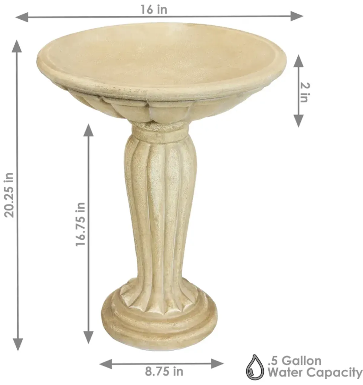 Sunnydaze Grecian Glass Fiber Reinforced Concrete Bird Bath - 16 in - Cream