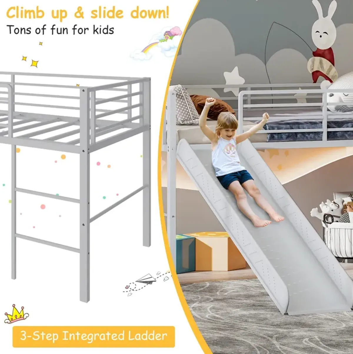 Twin Metal Loft Bed with Slide Safety Guardrails and Built-in Ladder