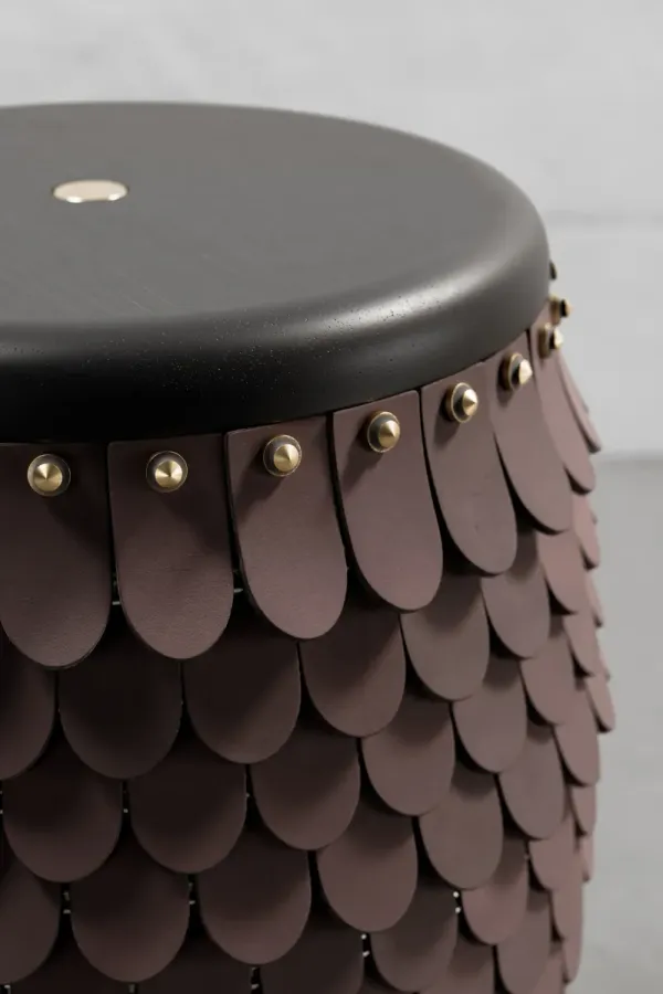 SITIERA_01 Solid Wood Stool, with Cognac Thick Leather Accents, and Aged Bronze by ANDEAN, In Stock