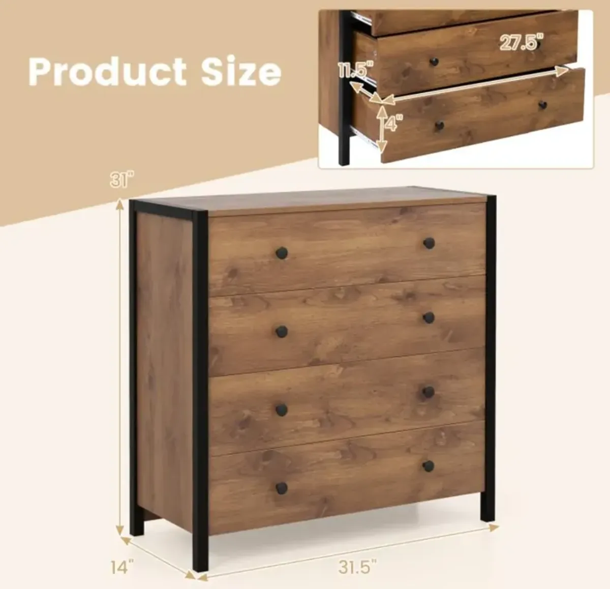 Hivvago 4-Drawer Dresser Modern Wooden Chest of Drawers for Bedroom Living Room