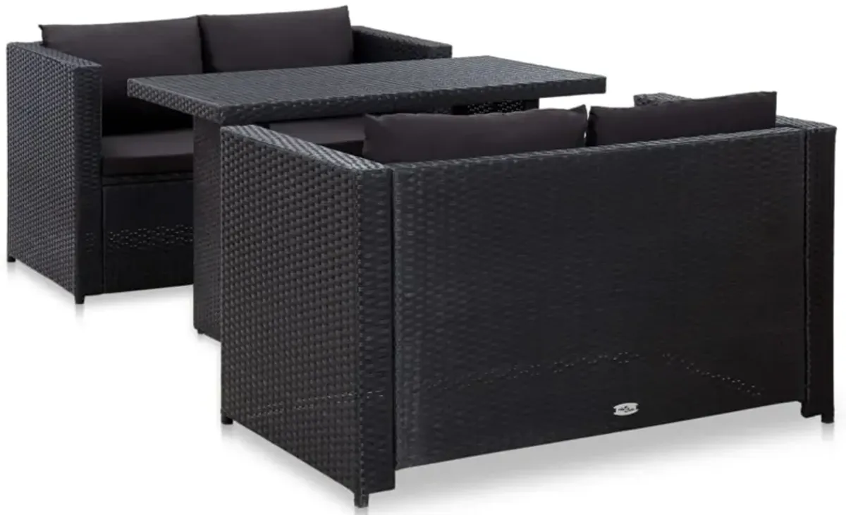 vidaXL 3 Piece Patio Lounge Set with Cushions Poly Rattan Black