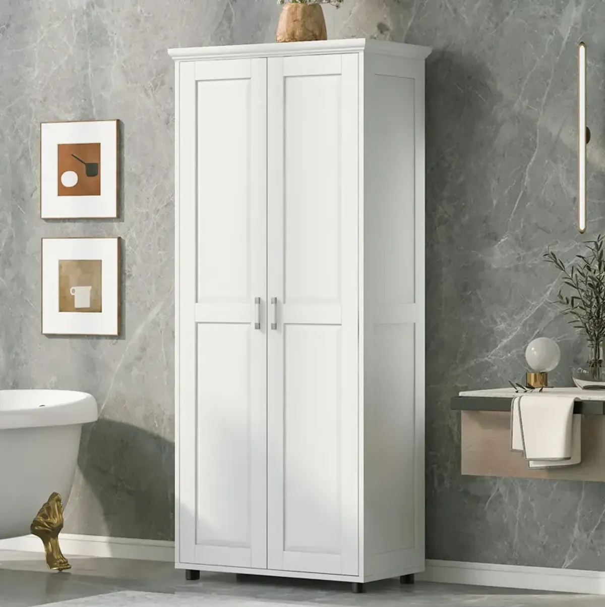 White Storage Cabinet with Two Doors for Bathroom