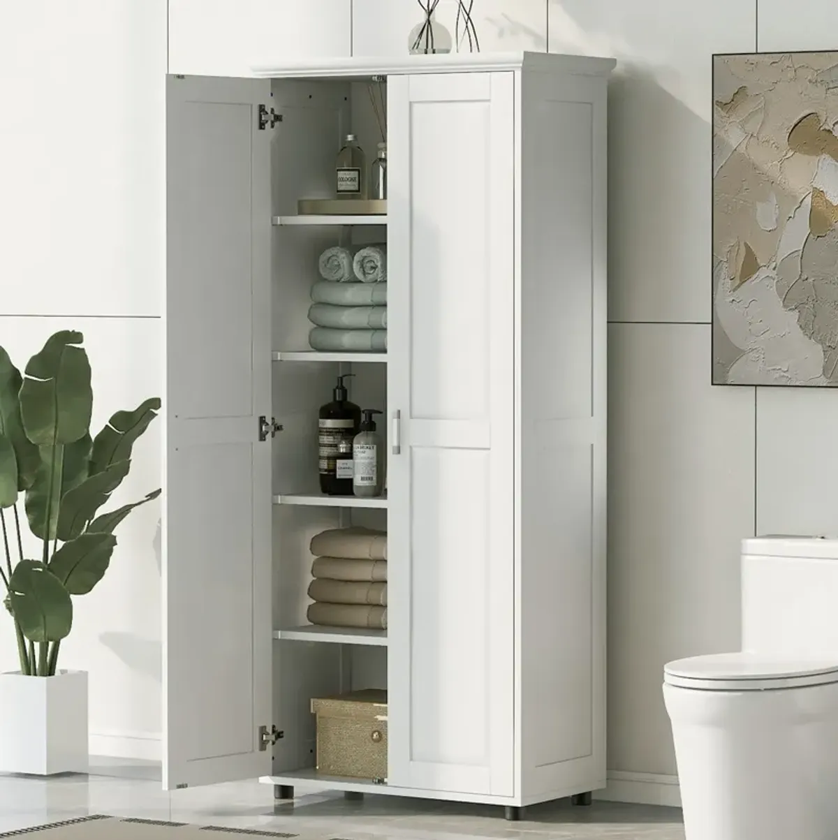 White Storage Cabinet with Two Doors for Bathroom